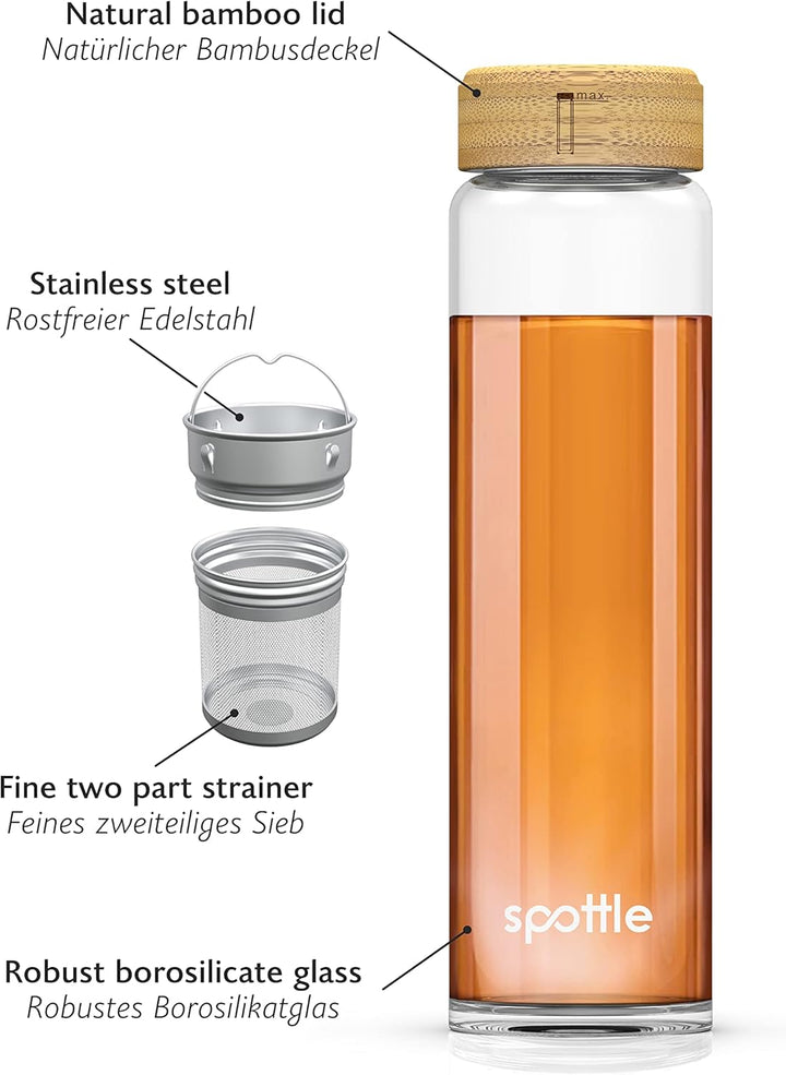 spottle Teeflasche Glas 1 Liter mit Siebeinsatz – Teekanne to go - Glasflasche mit Teeeinsatz und Sc