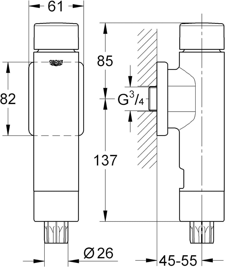 GROHE Rondo A.S. Druckspüler für WC mit integrierter Vorabsperrung 37349000, Silber