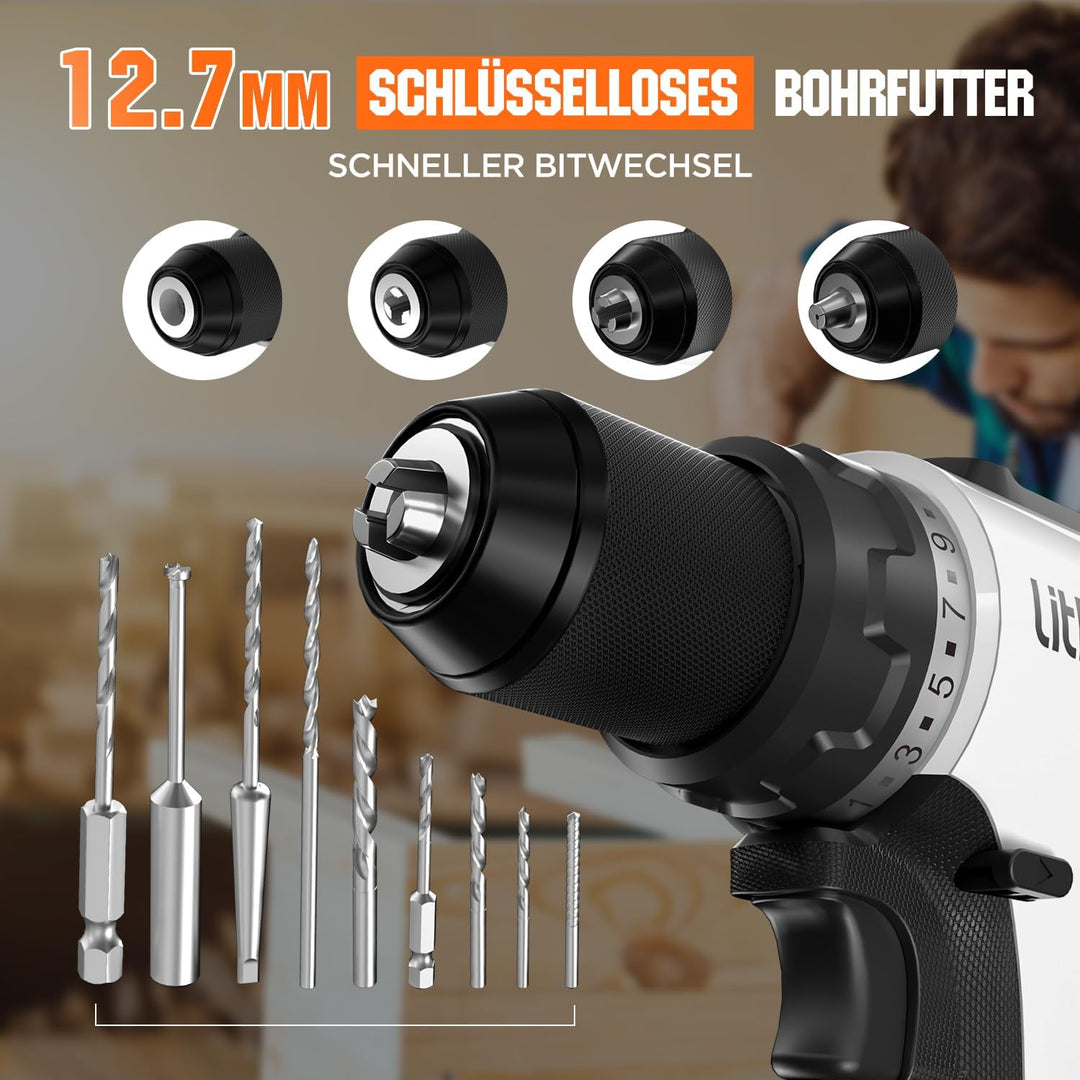 Litheli 20V Akku Bohrschrauber mit 2X10.000mAh Li-Ion Akku, 60 Nm Maximaldrehmoment, 17+1 Drehmoment