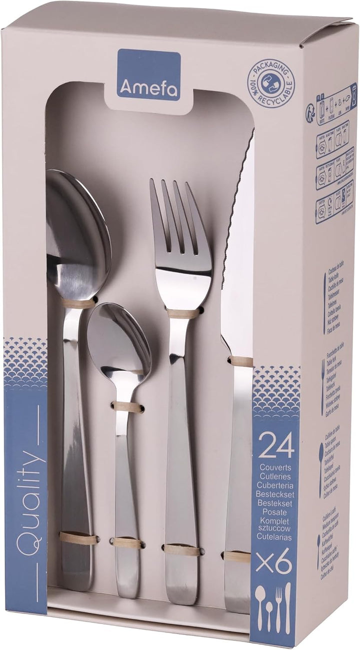 Amefa Besteck-Set Hotel, Tafelbesteck für 6 Personen, Edelstahl glänzend, weiche Konturen, 24-teilig