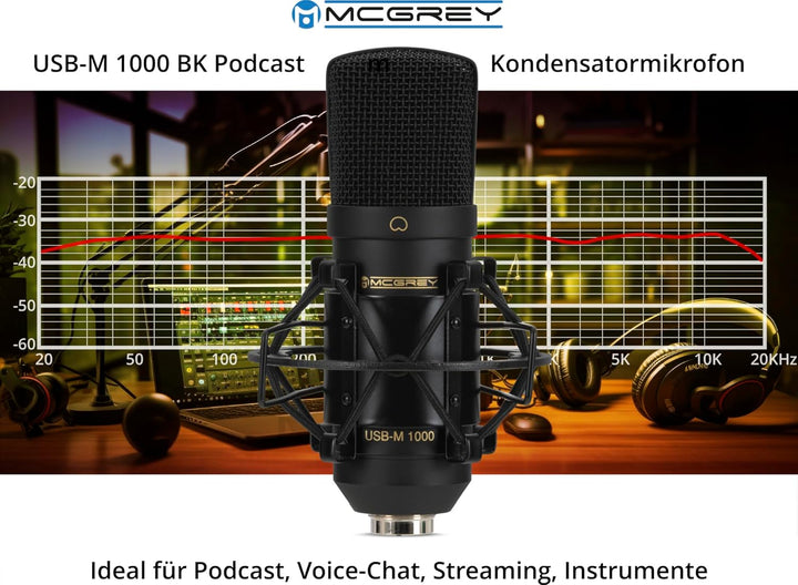 McGrey USB-M 1000 BK Podcast Kondensatormikrofon - Perfekt für Podcast, Streaming, Gaming - 14 mm-Ba