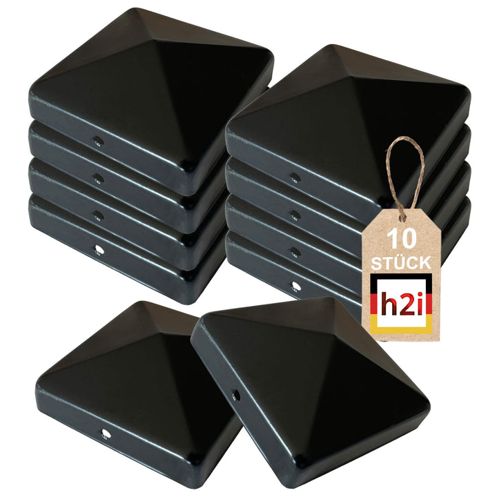 h2i Pfostenkappe | Stahl Schwarz pulverbeschichtet | 91 x 91 mm | 10 Stück | Abdeckkappe für Garten
