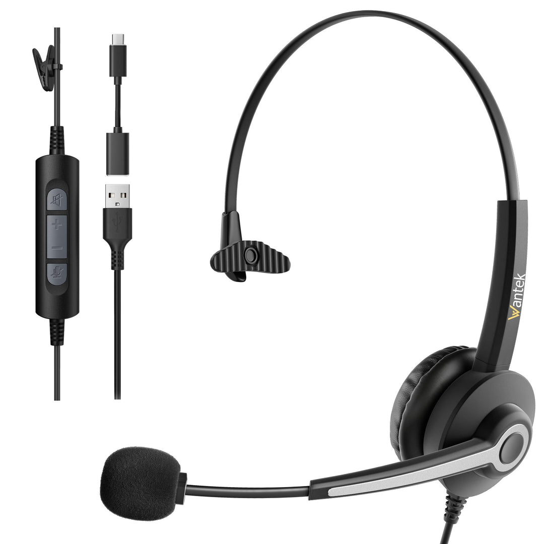 Wantek Mono USB Headset mit Mikrofon für Laptop PC,EIN-Ohr-Kopfhörer mit USB-C Klinkenadapter,kabelg