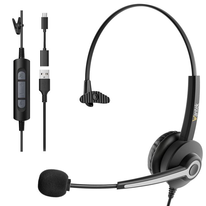 Wantek Mono USB Headset mit Mikrofon für Laptop PC,EIN-Ohr-Kopfhörer mit USB-C Klinkenadapter,kabelg