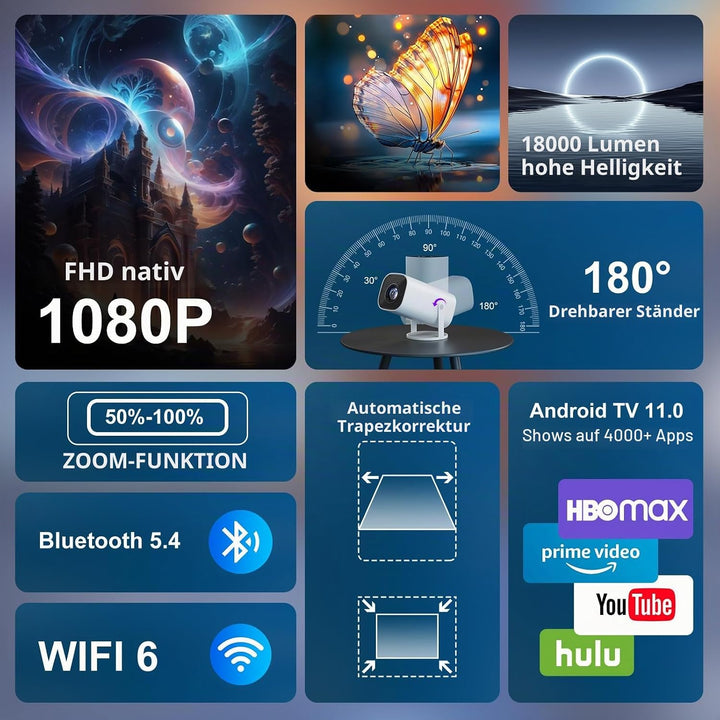 Mini Beamer 4K Full HD 1080P, Projektor Tragbarer mit WiFi 6 und Bluetooth 5.4, Beamer Klein Project