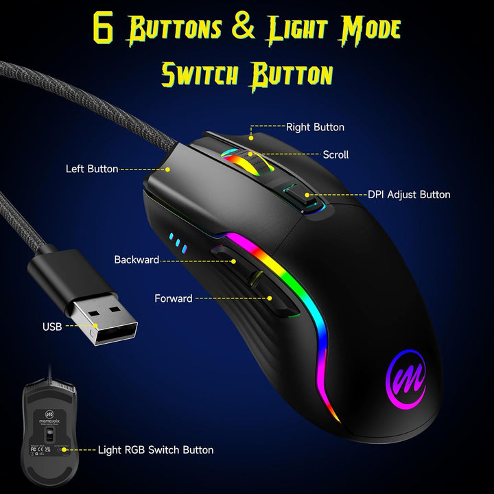 memzuoix Gaming Maus mit Kabel und LED-Lichtern – 12.800 DPI einstellbar, 6 Tasten, 12 RGB-Modi, Erg