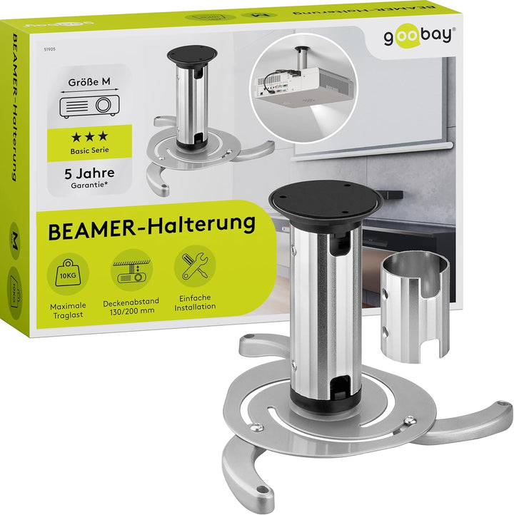 Goobay 51905 Beamer Deckenhalterung (M) bis max. 10 Kg, kleine bis mittlere Projektoren, silber, sil