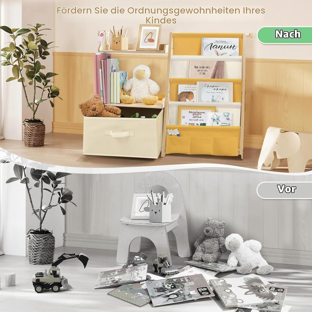 Bücherregal Kinder Kinderzimmer Spielzeug Aufbewahrung - Gelb | 4 Regalebenen &amp; Aufbewahrungsbox, Ki