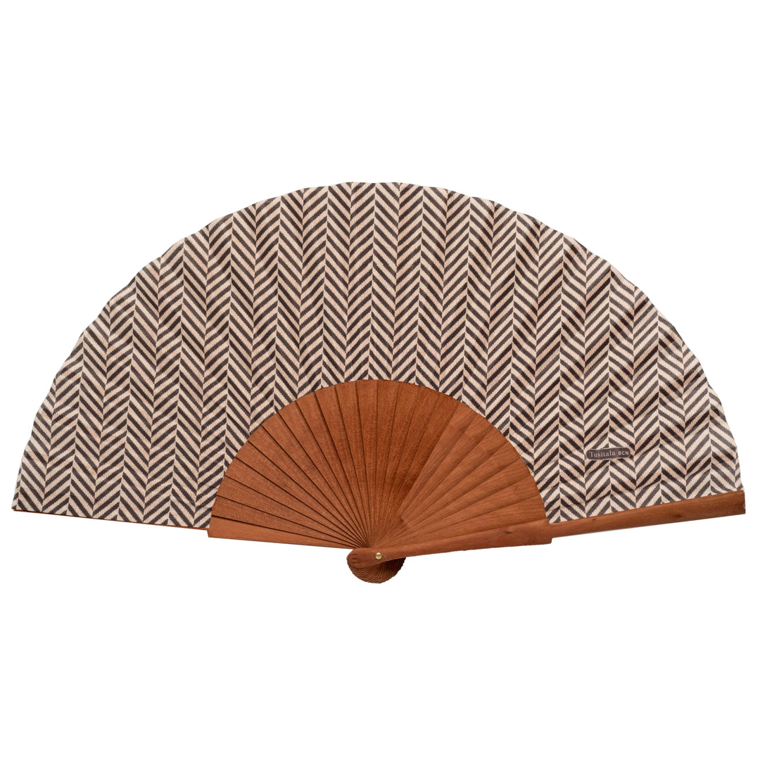 Spanischer Handfächer Espiga Marrón–Holz und Baumwolle–23 cm–Jute-Hülle und -Bezug–Modeaccessoire–ha