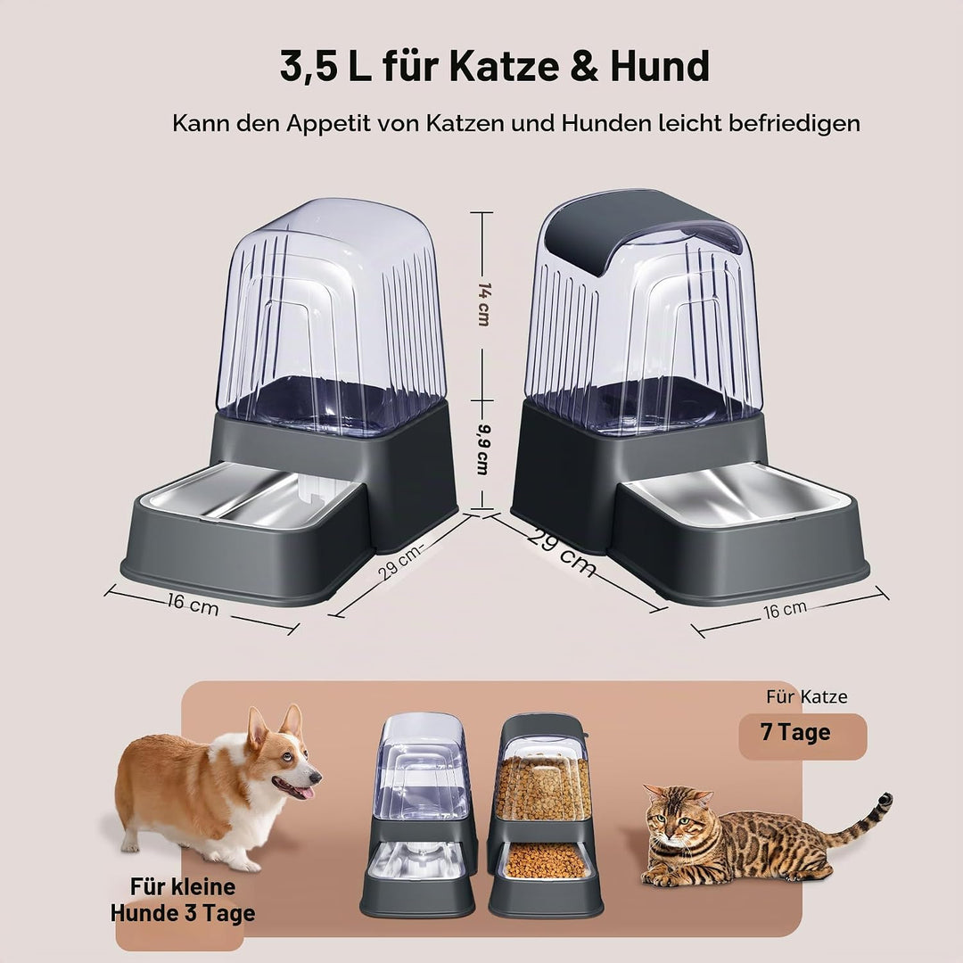 Hipidog Automatisches Futter- und Wasserspender-Set für Hunde und Katzen, mit Edelstahlnäpfen, Schwe
