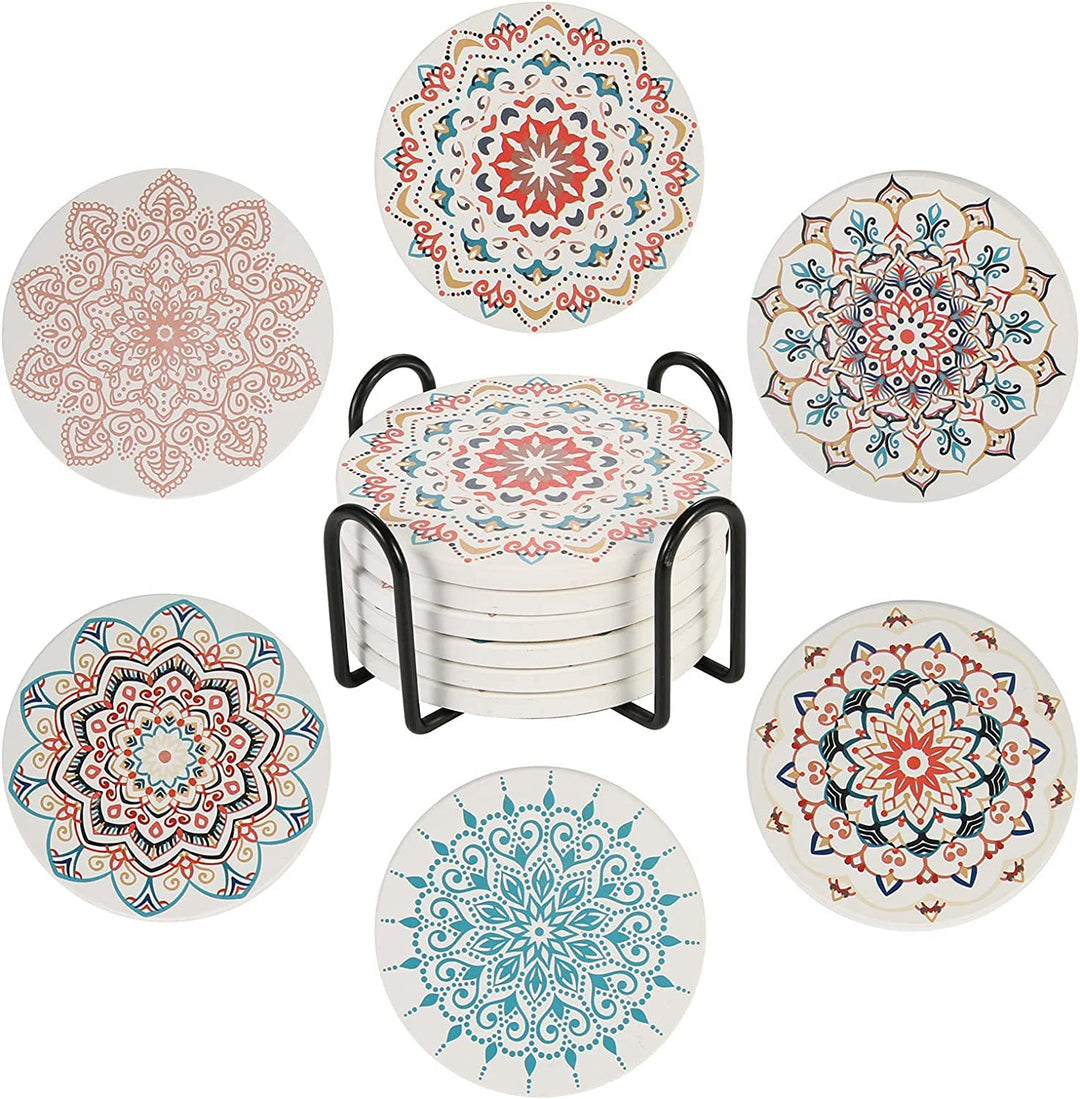 6 Stücke Untersetzer Set Elegant Blumen Muster mit Halter,Durchmesser 10,3 cm Saugfähige Keramische