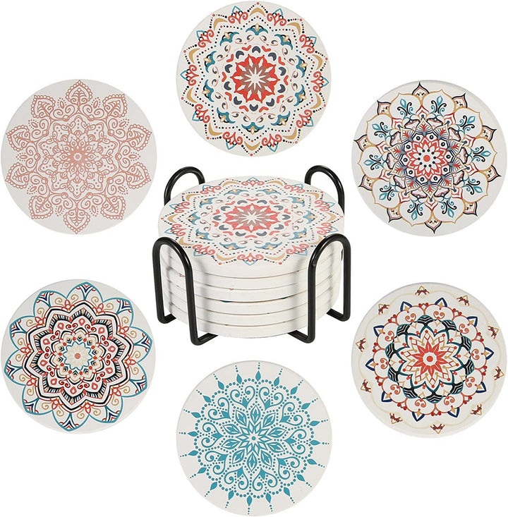 6 Stücke Untersetzer Set Elegant Blumen Muster mit Halter,Durchmesser 10,3 cm Saugfähige Keramische