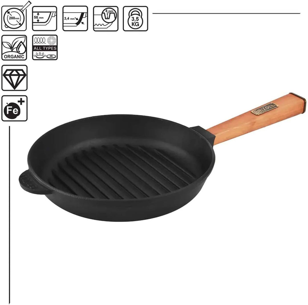4BIG.fun Ø28cm Grillpfanne aus Gusseisen mit Glasdeckel Induktion Holzgriff Bratpfanne Pfanne Feuerp