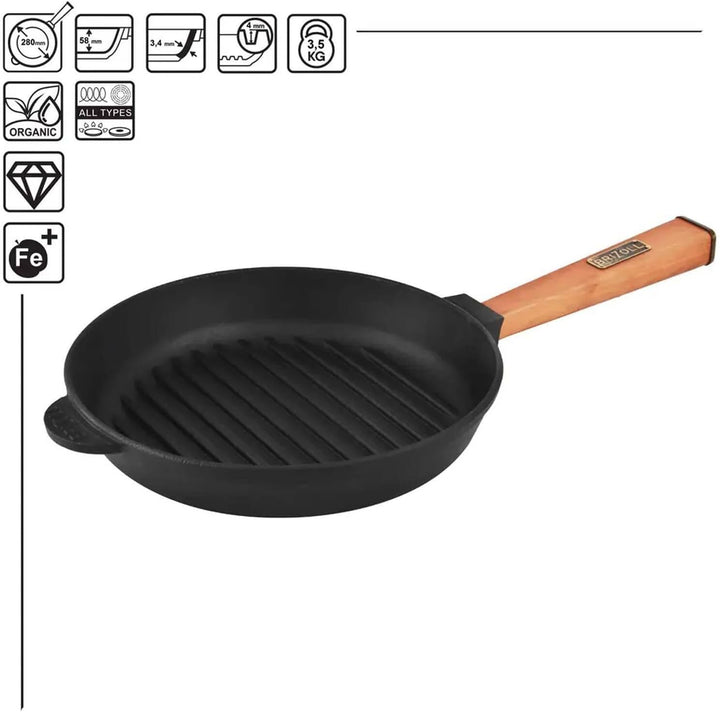 4BIG.fun Ø28cm Grillpfanne aus Gusseisen mit Glasdeckel Induktion Holzgriff Bratpfanne Pfanne Feuerp