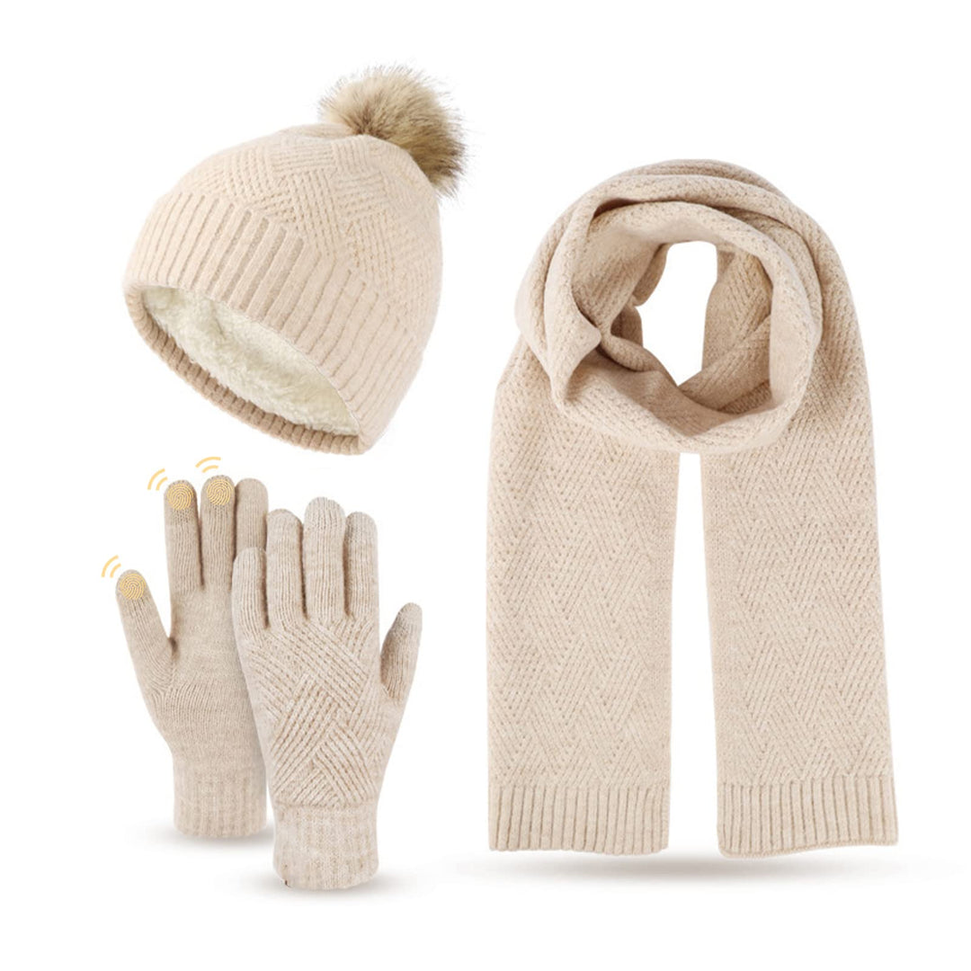 Damen Bommelmütze, Schals, Handschuhe, Set, Thermo, Winter, warm, Strickmütze, Halswärmer und Touchs