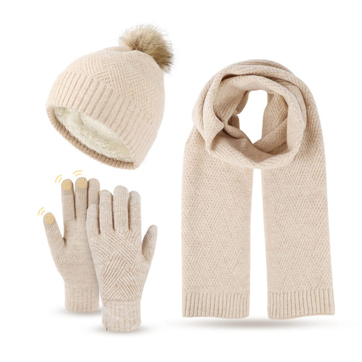 Damen Bommelmütze, Schals, Handschuhe, Set, Thermo, Winter, warm, Strickmütze, Halswärmer und Touchs