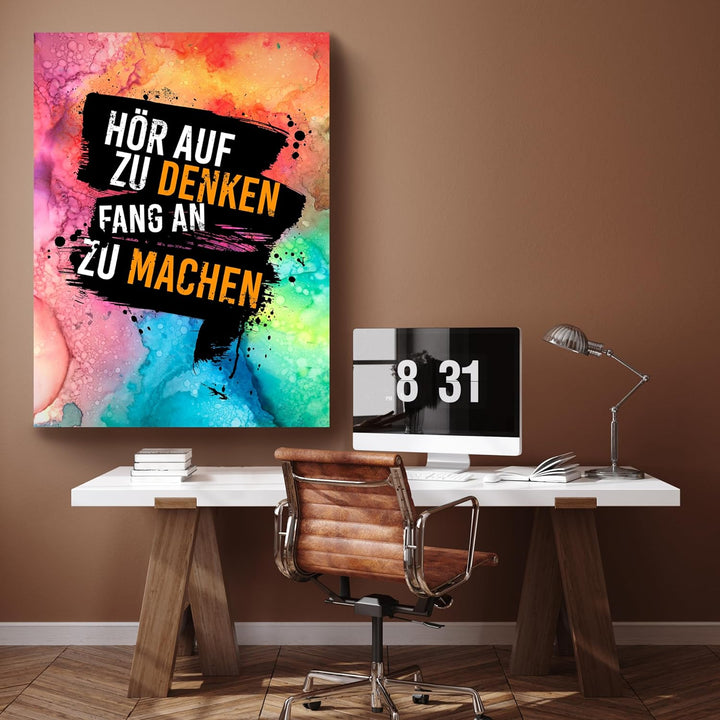 wandmotiv24 Motivations Motiv als Leinwandbild, 80x60cm, Hochformat, hör auf zu Denken, bunt, Orange