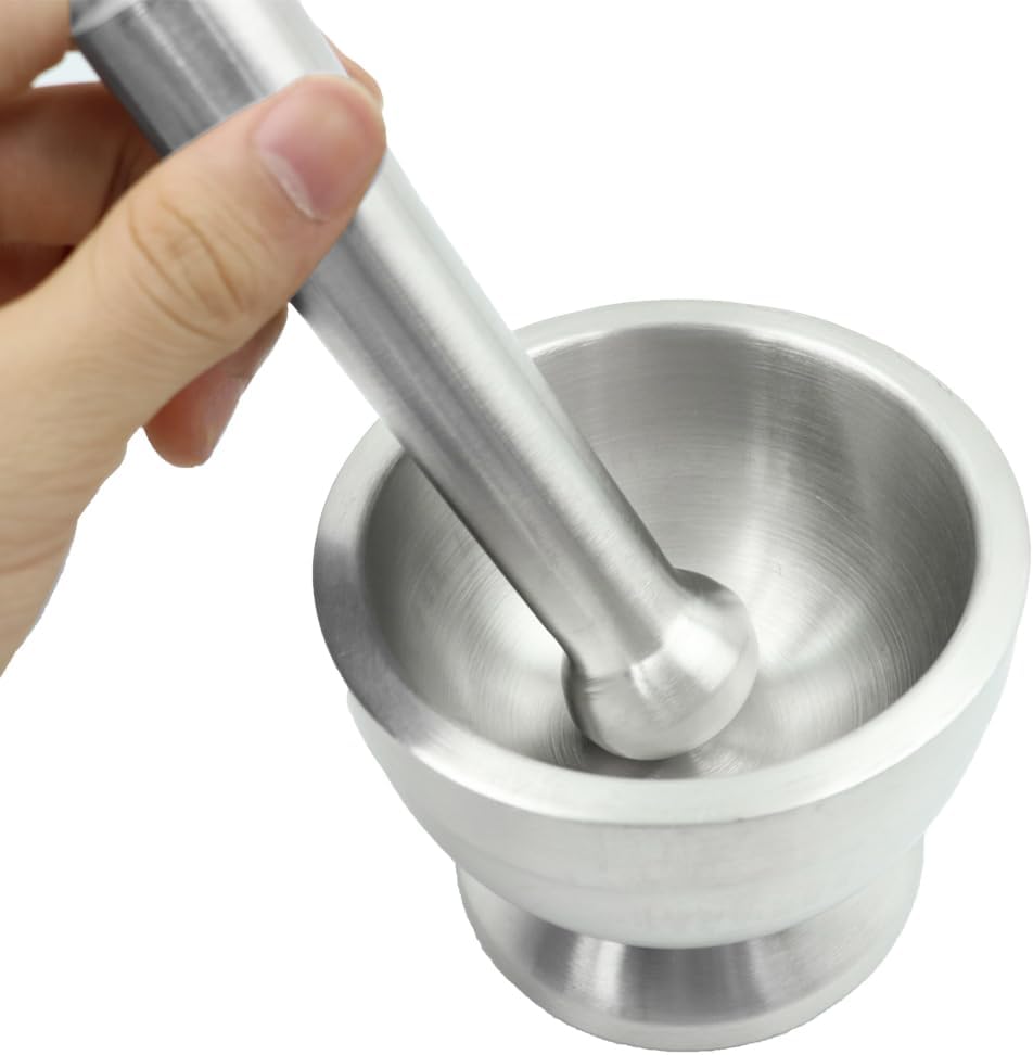 Sarini Mörser und Stössel aus Edelstahl,lebensmittelecht,Stössel und Mörser aus Edelstahl,runder Mah