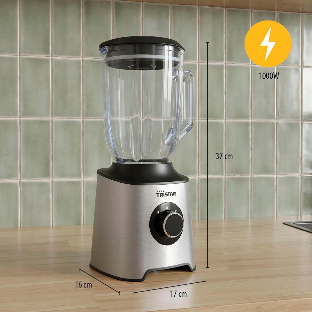 Tristar Standmixer, 1,5 L Glasbehälter, 1000 W Motor, Edelstahlgehäuse, 2 Geschwindigkeitsstufen, Le