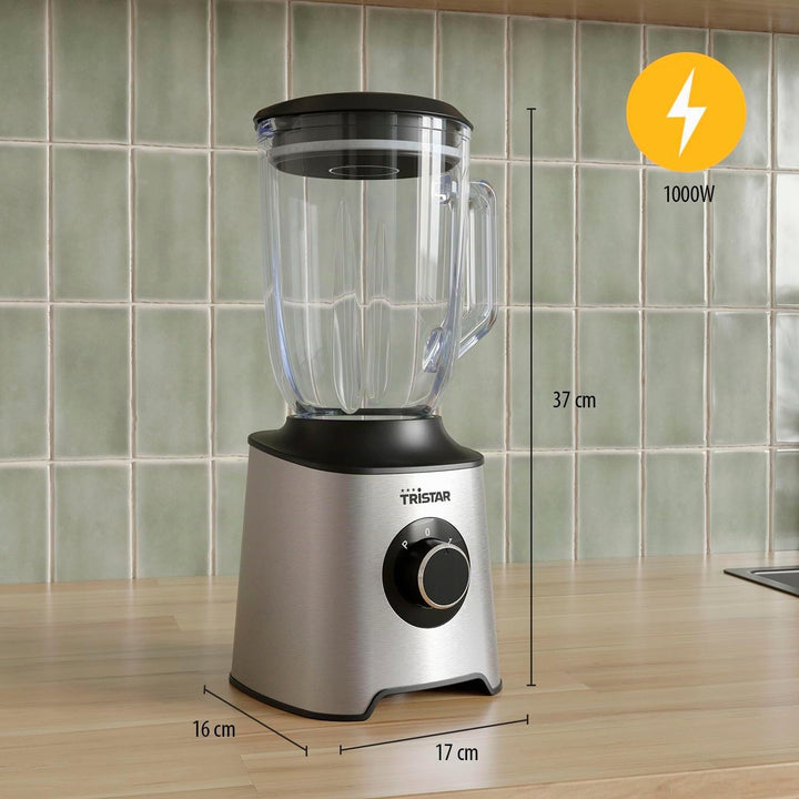 Tristar Standmixer, 1,5 L Glasbehälter, 1000 W Motor, Edelstahlgehäuse, 2 Geschwindigkeitsstufen, Le