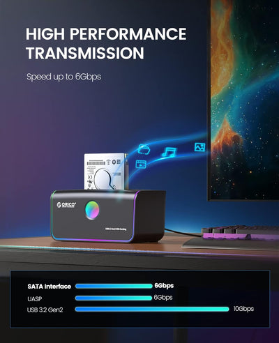 ORICO RGB Festplatten Dockingstation, USB 3.2 Gen 2 Zu SATA Festplattengehäuse für 2,5/3,5 Zoll SSD/