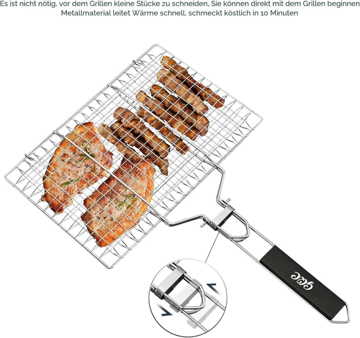 Grillkorb, Tragbarer Grillkorb, Edelstahl Faltbare BBQ Grill Mesh Klemme mit abnehmbarem Griff für F