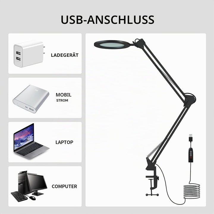 Beyamz Lupenleuchte Lupenlampe / 105 mm 5-Dioptrien-Echtglas / 3 Farbmodi / 10-stufig Dimmbar / 750