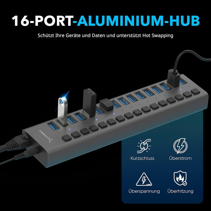 Sabrent USB 3.2 Gen 1 16 Port Aluminium HUB mit Netzschaltern und LEDs, inklusive Netzteil (HB-PU16)