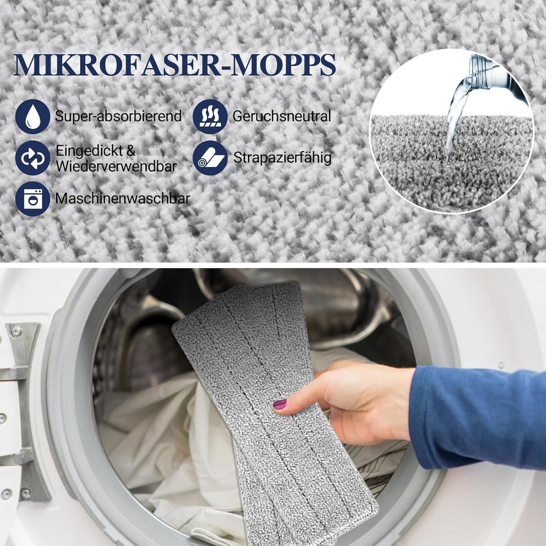 MASTERTOP Wischmopp Set mit Eimer, Bodenwischer Flachmopp mit Edelstahlgriff und 3 Mikrofaser Moppko