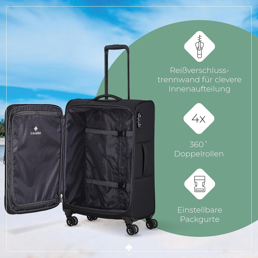 travelite 4-Rad Koffer Grösse M Weichschale, Gepäck Serie CHIOS mit Dehnfalte + Kantenschutz, Trolle