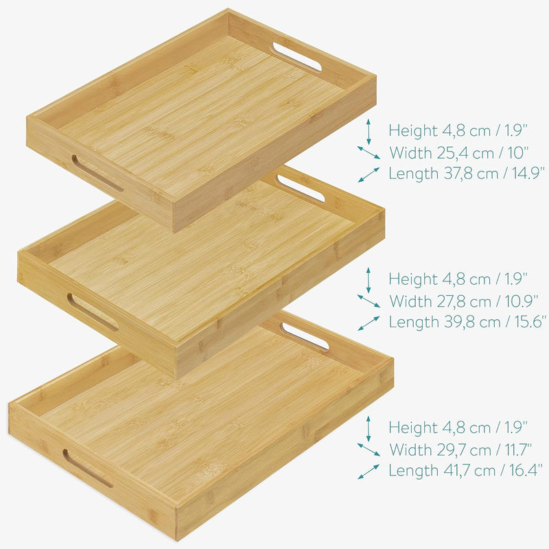 Navaris Serviertablett Tablett aus Bambus - 3x Servierplatte Frühstückstablett Holztablett - rechtec