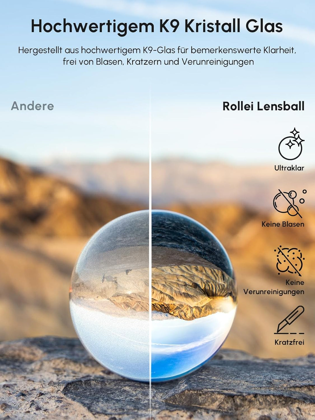 Rollei Lensball 60mm I Glaskugel I Kristallkugel I Foto-Kugel mit Aufbewahrungstasche &amp; Mikrofaser R