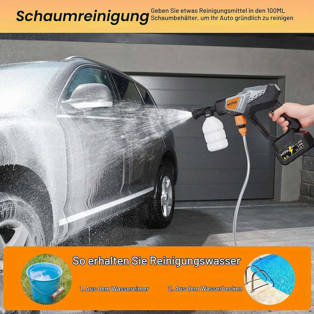 MYPIN Tragbarer Kabelloser Hochdruckreiniger, 600 PSI 21V Akku-Hochdruckreiniger, 6-in-1-Düse mit 2