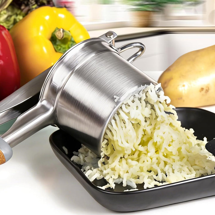 Kartoffelpresse Edelstahl mit fester Scheibe, Robuster Kartoffelstampfer mit Holz-Kunststoff-Griff,