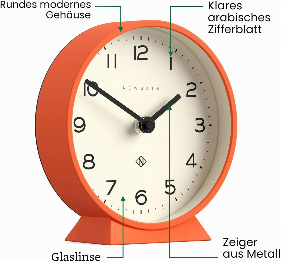 NEWGATE® M Mantel Echo schreibtischuhr | Modernes rundes Design | Kürbis orange | Leicht lesbare Zah