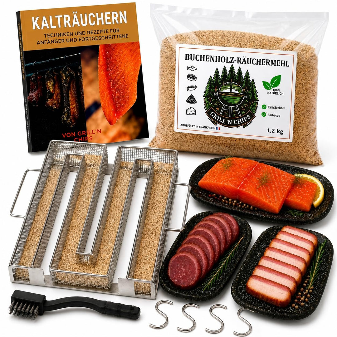 Kaltrauchgenerator/Räucherschnecke für Räucherofen + 1,2 kg Räuchermehl Buche + 4 Haken & Bürste – E