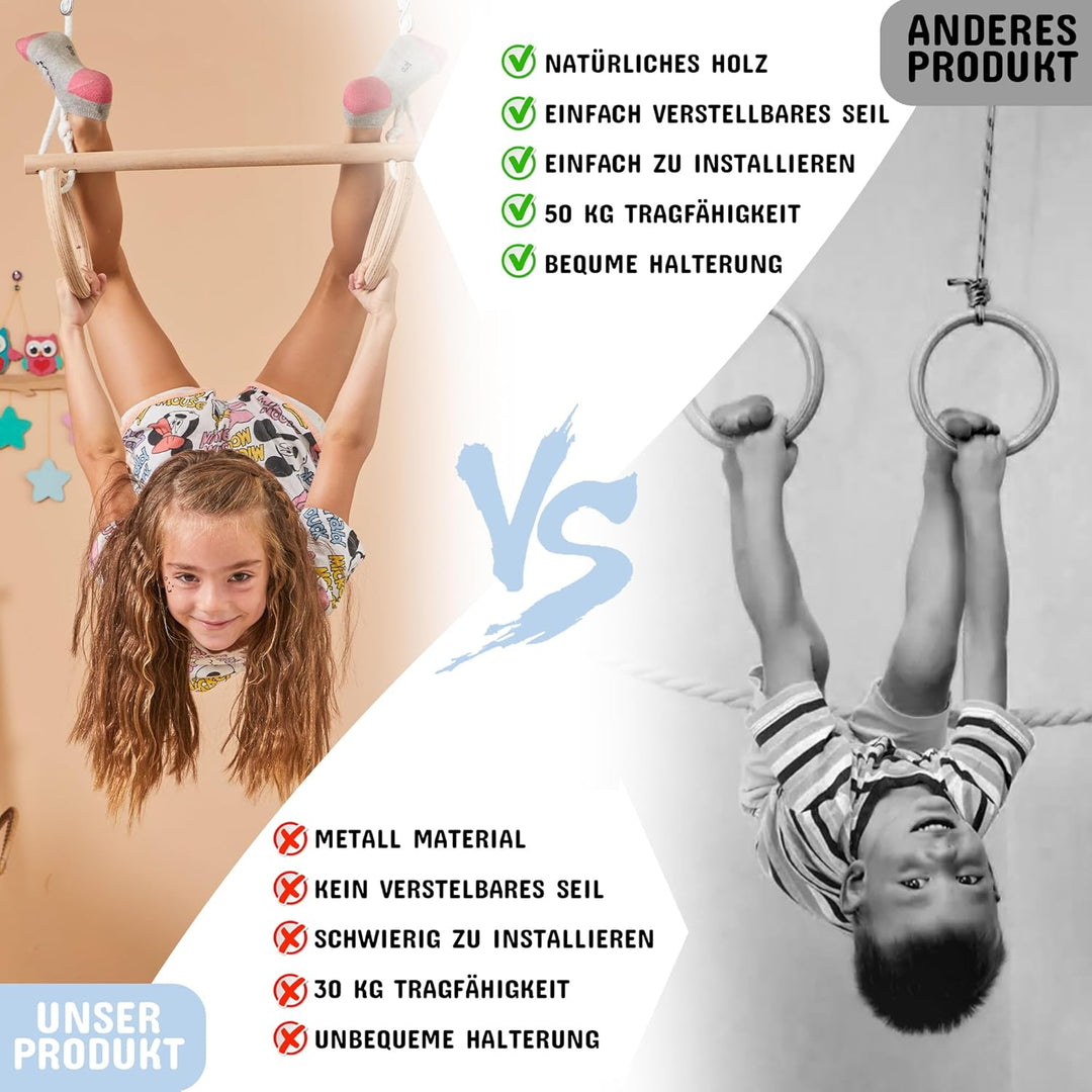 MOAS SHOP® Trapez Schaukel - Turnringe Kinder, Buchenholz, Verstellbare Seillänge, 50 kg Kapazität -