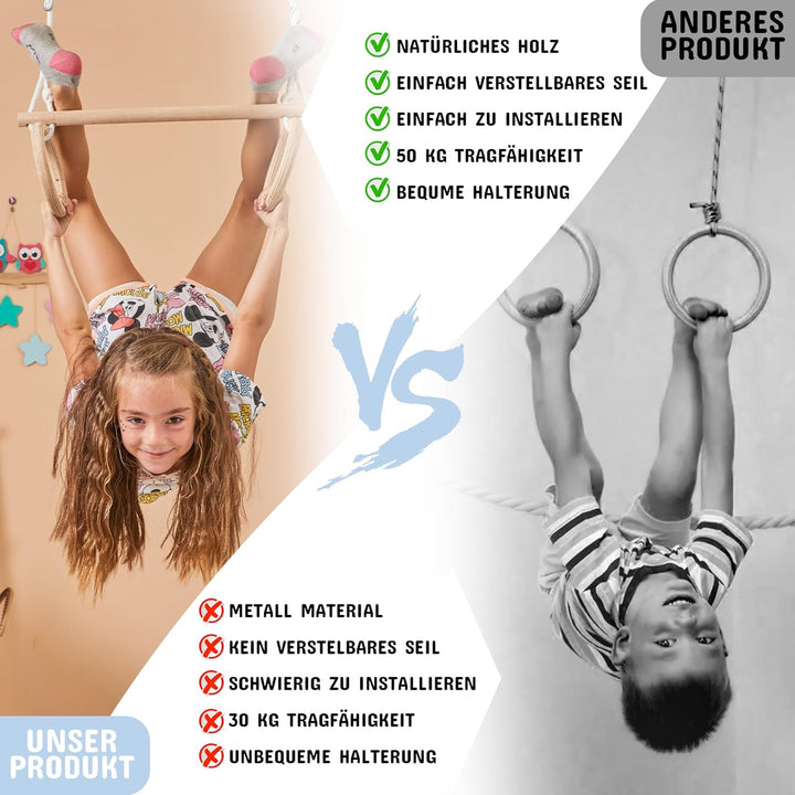 MOAS SHOP® Trapez Schaukel - Turnringe Kinder, Buchenholz, Verstellbare Seillänge, 50 kg Kapazität -