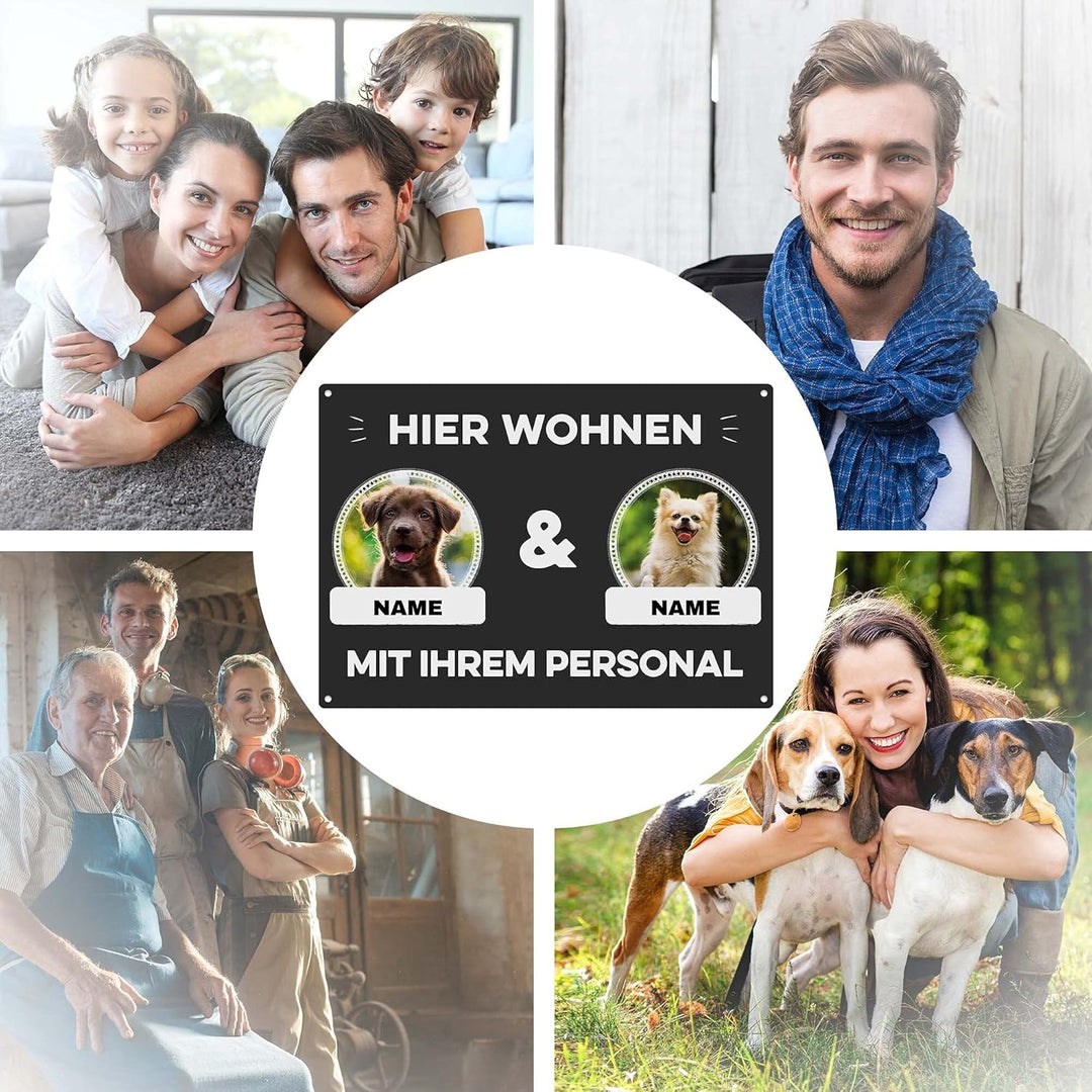 Hunde Schild personalisiert - Hier wohnt mit Personal - Metallschild mit Foto und Name für aussen, w