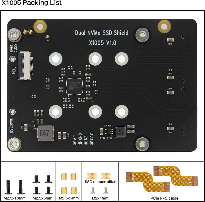 Geekworm X1005 Dual NVMe M.2 SSD Shield Bottom-Mount HAT for Raspberry Pi 5 | Support Hailo-8 AI Acc