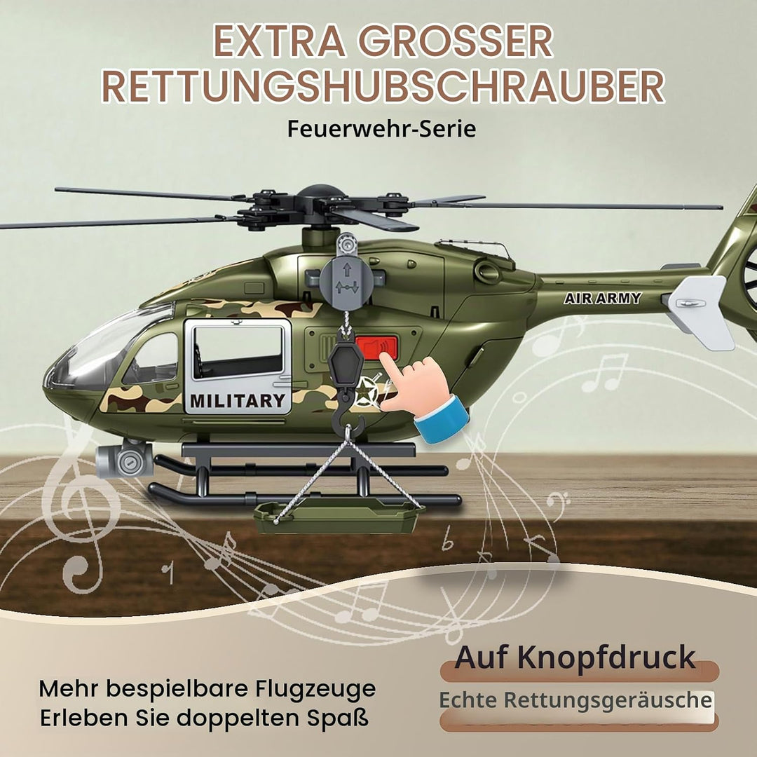 Grünes Militärspielzeug mit grossem Hubschrauber, Armeespielzeug mit Lichtern und Geräuschen, Geburt