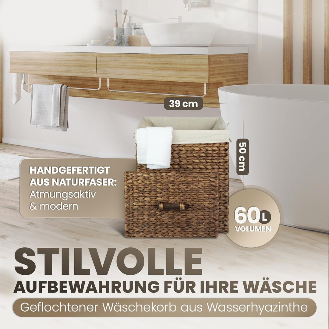Casa Mina® Wäschekorb mit Deckel 39 x 30 x 50cm hoch I Atmungsaktiver Wäschekorb geflochten aus 100%