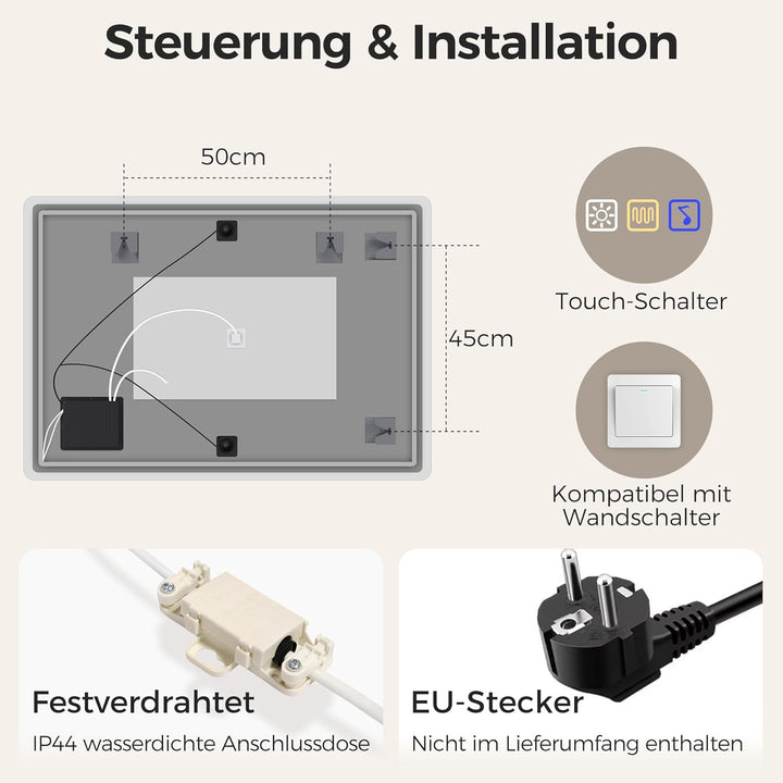 STARLEAD Badspiegel-mit-Beleuchtung 100x70cm, Badezimmerspiegel-mit-Bluetooth, Entfoggen, Dimmbar, 3