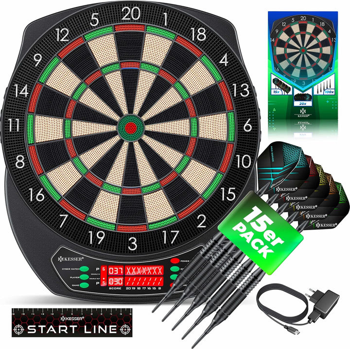 KESSER® Elektronische Dartscheibe Profi Set - E Dartboard mit 15 Dartpfeile + 35 Pro Flights 100 Pfe