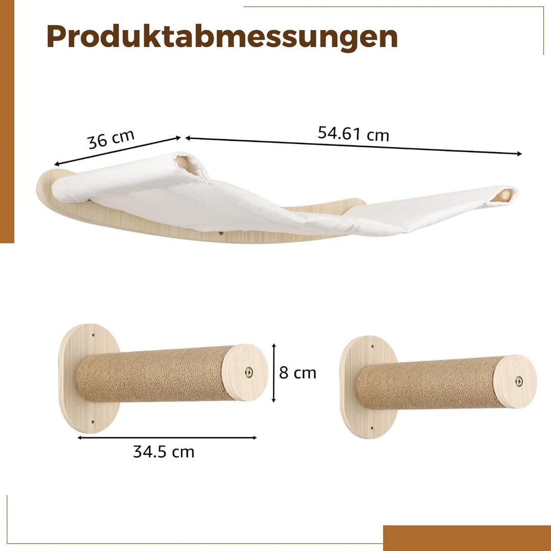 Katzenhängematte Wandmontage, Kletterwand Set aus Massivholz mit Katzentreppe, Holz Katzenbett mit K