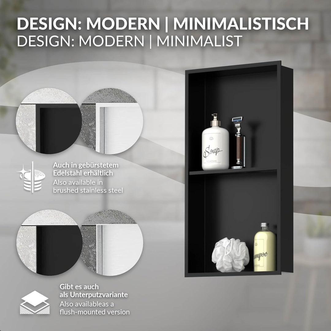 LuxeBath Wandnische Doppel aus Edelstahl, 30x60x10cm, Schwarz, Duschnische mit Rahmen, Einbauregal,