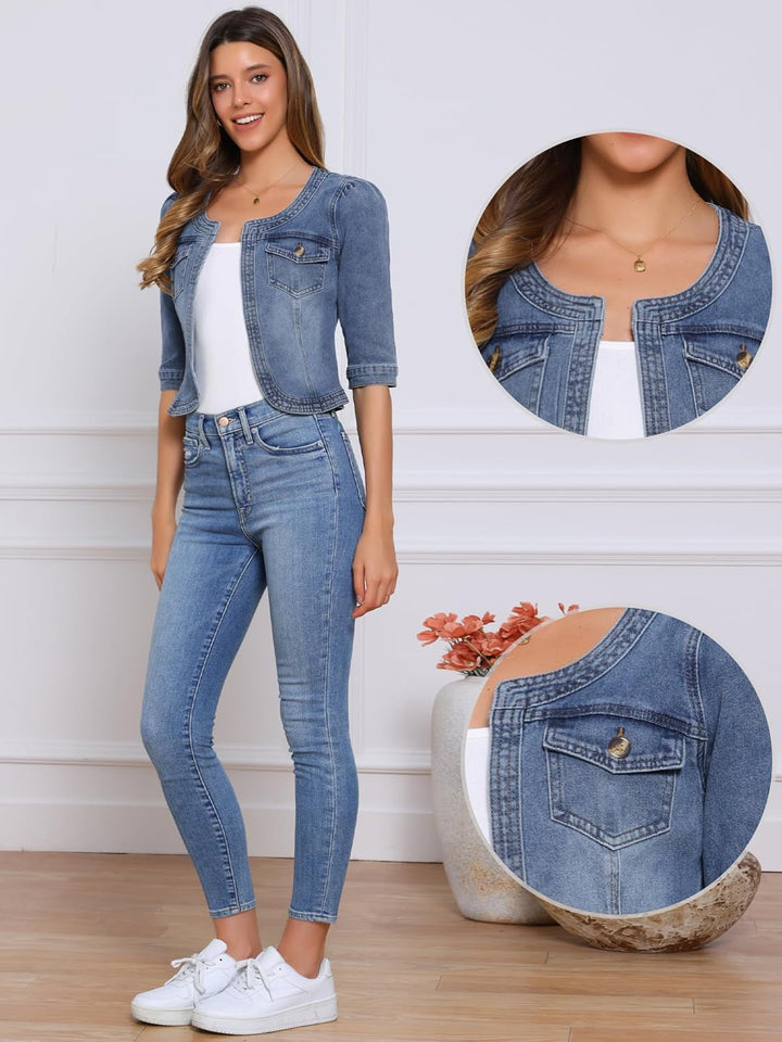 Allegra K Damen Kurze Jeansjacke Kragenlos 3/4 Ärmel Jeansjacken S Grau Blau, S Grau Blau
