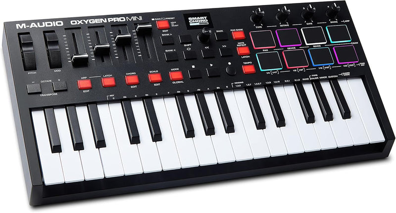 M-Audio Oxygen Pro Mini – 32-Tasten USB MIDI Keyboard Controller mit Beat Pads, MIDI-zuweisbaren Reg