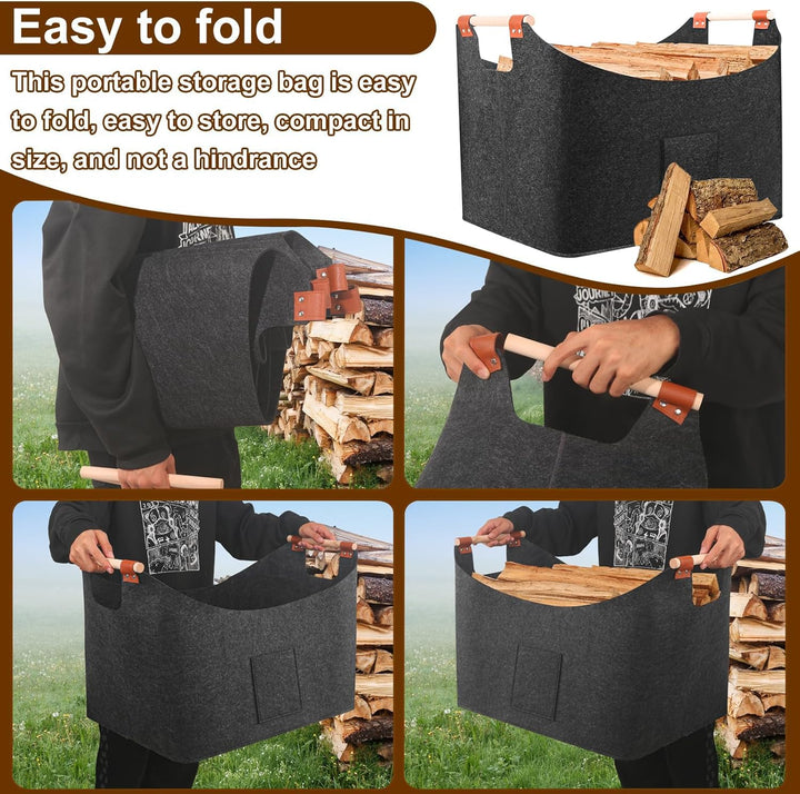 Faltbarer Holzkorb Filztasche 40 x 40 x 60 cm 96L, Korb Aus Brennholz Mit Griff, Extra Dicker Filzko