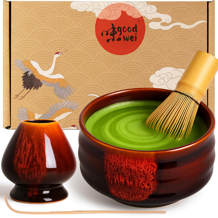 Goodwei Japanisches Matcha Komplett-Set mit hochwertiger Teeschale (Akai, 80) Akai 80, Akai 80